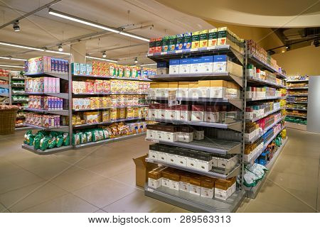 ZURICH, SWITZERLAND - CIRCA OCTOBER, 2018: interior shot of Migros supermarket in Zurich International Airport. Migros is Switzerland's largest retail company.