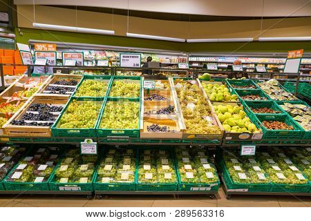 ZURICH, SWITZERLAND - CIRCA OCTOBER, 2018: interior shot of Migros supermarket in Zurich International Airport. Migros is Switzerland's largest retail company.