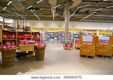 ZURICH, SWITZERLAND - CIRCA OCTOBER, 2018: interior shot of Migros supermarket in Zurich International Airport. Migros is Switzerland's largest retail company.
