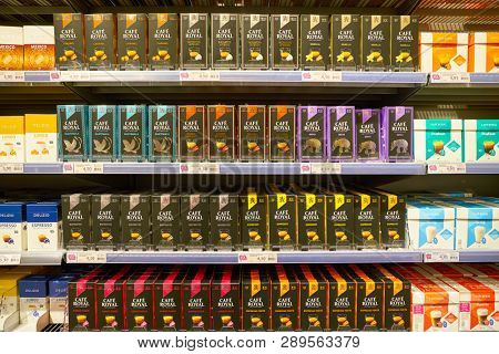 ZURICH, SWITZERLAND - CIRCA OCTOBER, 2018: interior shot of Migros supermarket in Zurich International Airport. Migros is Switzerland's largest retail company.