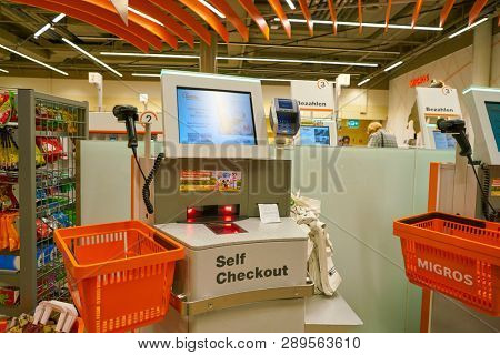 ZURICH, SWITZERLAND - CIRCA OCTOBER, 2018: interior shot of Migros supermarket in Zurich International Airport. Migros is Switzerland's largest retail company.