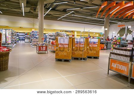 ZURICH, SWITZERLAND - CIRCA OCTOBER, 2018: interior shot of Migros supermarket in Zurich International Airport. Migros is Switzerland's largest retail company.