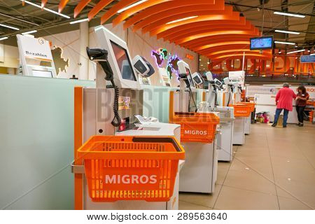 ZURICH, SWITZERLAND - CIRCA OCTOBER, 2018: interior shot of Migros supermarket in Zurich International Airport. Migros is Switzerland's largest retail company.