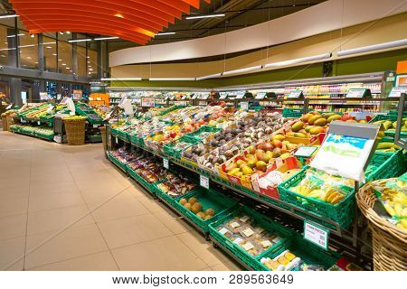 ZURICH, SWITZERLAND - CIRCA OCTOBER, 2018: interior shot of Migros supermarket in Zurich International Airport. Migros is Switzerland's largest retail company.