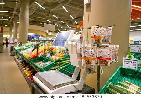 ZURICH, SWITZERLAND - CIRCA OCTOBER, 2018: interior shot of Migros supermarket in Zurich International Airport. Migros is Switzerland's largest retail company.