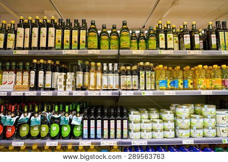 ZURICH, SWITZERLAND - CIRCA OCTOBER, 2018: interior shot of Migros supermarket in Zurich International Airport. Migros is Switzerland's largest retail company.