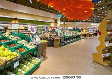 ZURICH, SWITZERLAND - CIRCA OCTOBER, 2018: interior shot of Migros supermarket in Zurich International Airport. Migros is Switzerland's largest retail company.