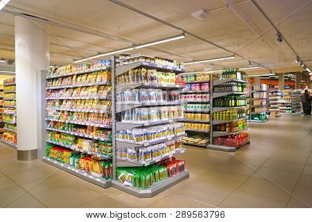 ZURICH, SWITZERLAND - CIRCA OCTOBER, 2018: interior shot of Migros supermarket in Zurich International Airport. Migros is Switzerland's largest retail company.