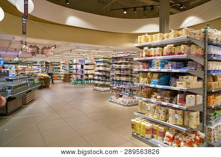 ZURICH, SWITZERLAND - CIRCA OCTOBER, 2018: interior shot of Migros supermarket in Zurich International Airport. Migros is Switzerland's largest retail company.