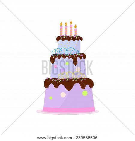 High Three-tiered Birthday Cake With Chocolate Topping, Cream Decor And Candles On White