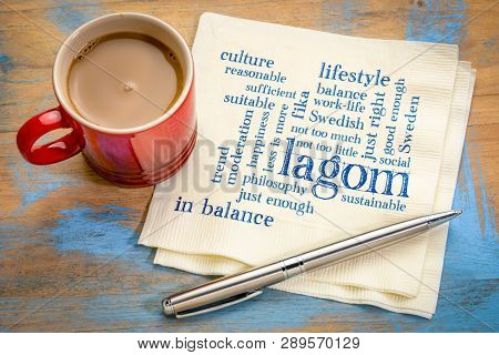 lagom, Swedish concept of balanced lifestyle - word cloud on a napkin with a cup of coffee