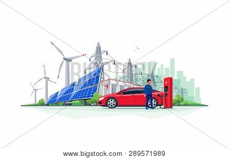 Vector Illustration Of Electric Car Charging At Charger Station With Solar Panels, Wind Turbines, Ba