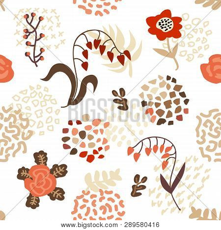 Seamless Vector Pattern With Abstract Flowers, Leaves And Dotted Textures. Retro Textile Collection.