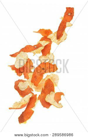 Dried Flying Tangerine Peel Isolated On White Background