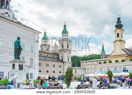 SALZBURG, AUSTRIA - June 16, 2018: Salzburg Cathedral is the seventeenth-century Baroque cathedral of the Roman Catholic Archdiocese