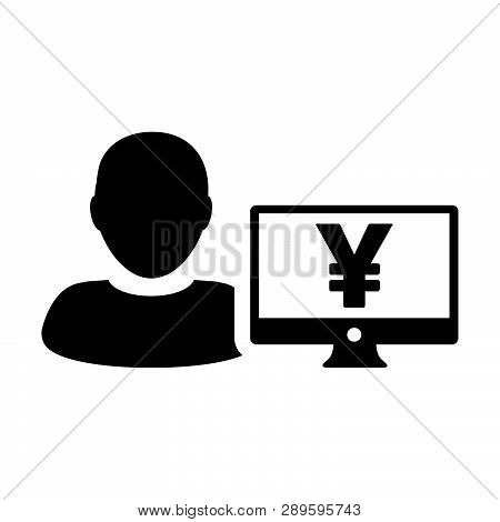 Stock Market Icon Vector Male User Person Profile Avatar With Yen Sign And Computer Monitor Currency