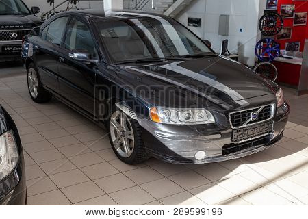 Novosibirsk, Russia - 08.01.2018: Black Volvo S60 2008 Release With An Engine Of 2.5 Liters Front Vi