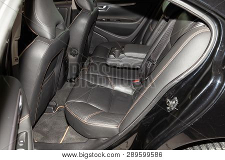 Novosibirsk, Russia - 08.01.18: Interior View With Leather Seats And Opened Door Of Black Used Volvo