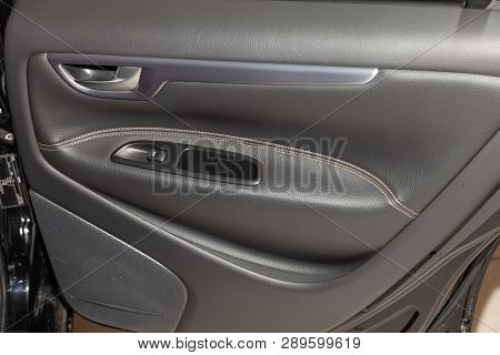 Novosibirsk, Russia - 08.01.18: Interior View With Passenger Door Of Black Used Volvo S60 Car Stands