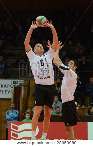KAPOSVAR, Ungarn - 15 januar: Balint Magyar (L) i aktion på en ungarsk volleyball nationale Champ