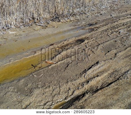 Off-piste. Deep Rubber Tracks On The Road Is Covered With Wet Dirty Sand, Off-road. Traces Of Tires
