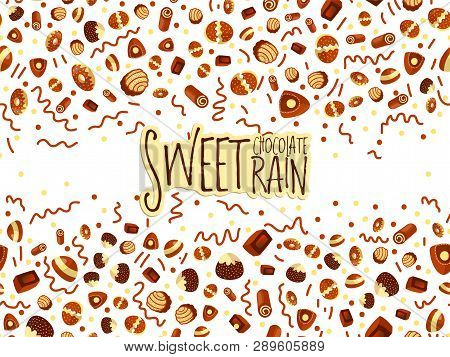 Chocolate Candy Frame Of Choco Candies On White Background. Chocolate Candy Banner, Top View, Flat L