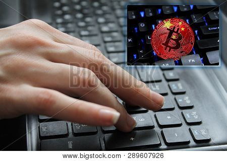 Hand Of The Girl On The Keyboard Close Up With The Concept Of Digital Technology On The Purchase And