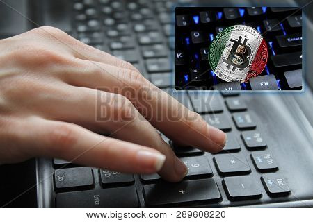 Hand Of The Girl On The Keyboard Close Up With The Concept Of Digital Technology On The Purchase And