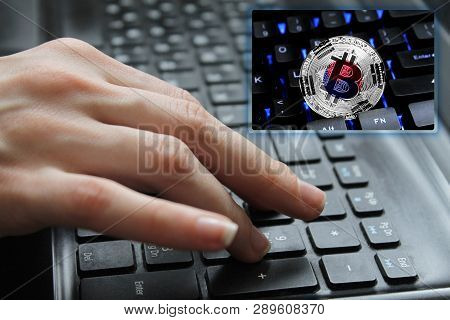 Hand Of The Girl On The Keyboard Close Up With The Concept Of Digital Technology On The Purchase And
