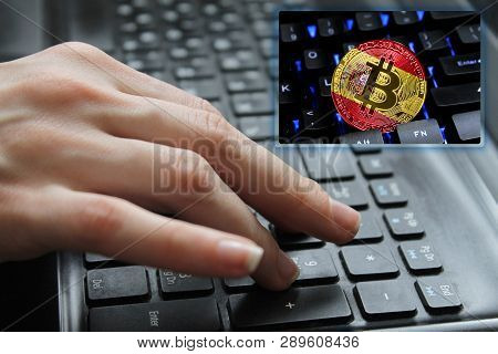 Hand Of The Girl On The Keyboard Close Up With The Concept Of Digital Technology On The Purchase And