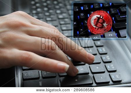 Hand Of The Girl On The Keyboard Close Up With The Concept Of Digital Technology On The Purchase And