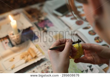 Lviv, Ukraine - March 11, 2018. Ukrainian Easter Eggs Painting Workshop.