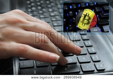Hand Of The Girl On The Keyboard Close Up With The Concept Of Digital Technology On The Purchase And