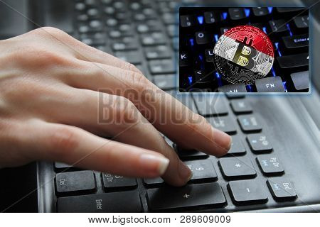 Hand Of The Girl On The Keyboard Close Up With The Concept Of Digital Technology On The Purchase And