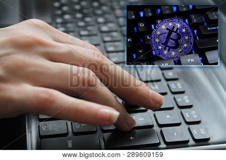 Hand Of The Girl On The Keyboard Close Up With The Concept Of Digital Technology On The Purchase And