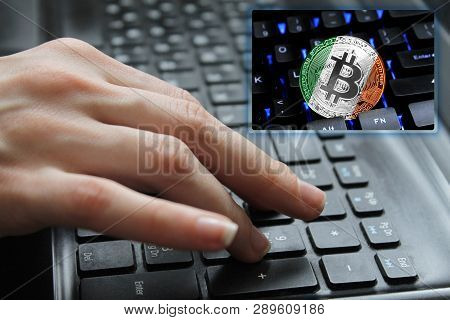 Hand Of The Girl On The Keyboard Close Up With The Concept Of Digital Technology On The Purchase And