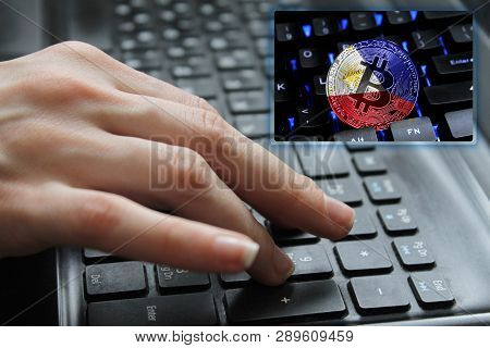 Hand Of The Girl On The Keyboard Close Up With The Concept Of Digital Technology On The Purchase And