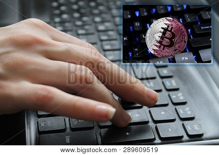 Hand Of The Girl On The Keyboard Close Up With The Concept Of Digital Technology On The Purchase And