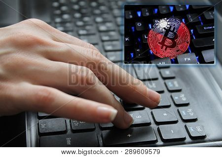 Hand Of The Girl On The Keyboard Close Up With The Concept Of Digital Technology On The Purchase And