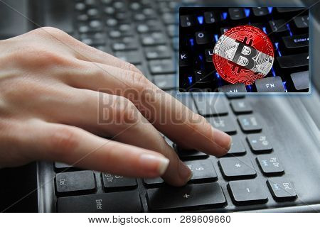 Hand Of The Girl On The Keyboard Close Up With The Concept Of Digital Technology On The Purchase And