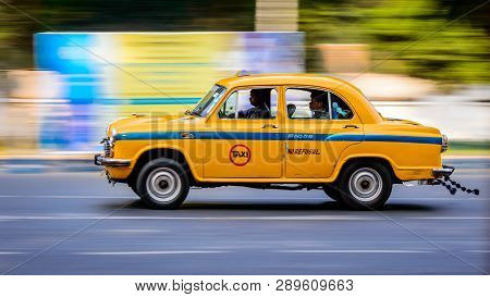 Kolkata, India - November 18th 2018: Iconic Yellow Taxi At Calcutta ( Kolkata ) India. The Ambassado