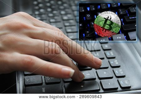 Hand Of The Girl On The Keyboard Close Up With The Concept Of Digital Technology On The Purchase And