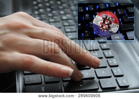 Hand Of The Girl On The Keyboard Close Up With The Concept Of Digital Technology On The Purchase And
