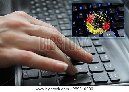 Hand Of The Girl On The Keyboard Close Up With The Concept Of Digital Technology On The Purchase And