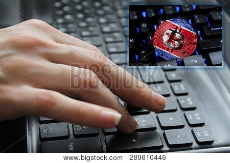 Hand Of The Girl On The Keyboard Close Up With The Concept Of Digital Technology On The Purchase And