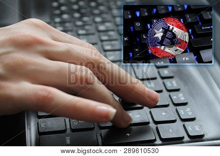 Hand Of The Girl On The Keyboard Close Up With The Concept Of Digital Technology On The Purchase And