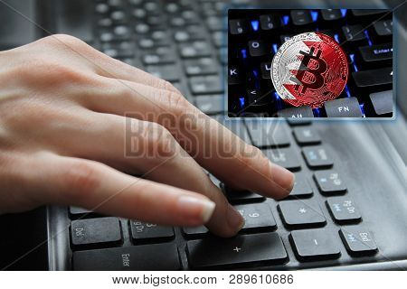 Hand Of The Girl On The Keyboard Close Up With The Concept Of Digital Technology On The Purchase And