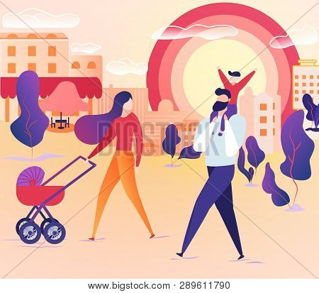 Family Walking Together At City Street On Weekend.