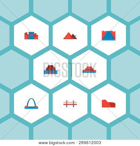 Set Of Monument Icons Flat Style Symbols With Gateway Arch, Colosseum, Shibuya And Other Icons For Y