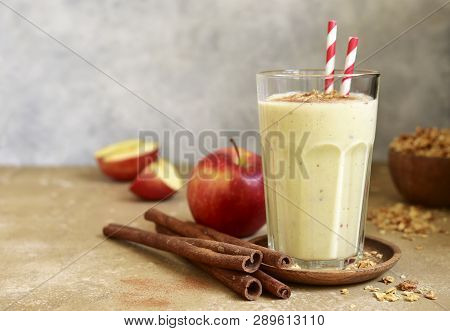 Homemade Banana Apple Smoothie Or Lassi With Cinnamon And Oats.